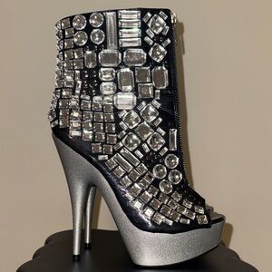 Embellished Black and Silver High Heel Ankle Boots